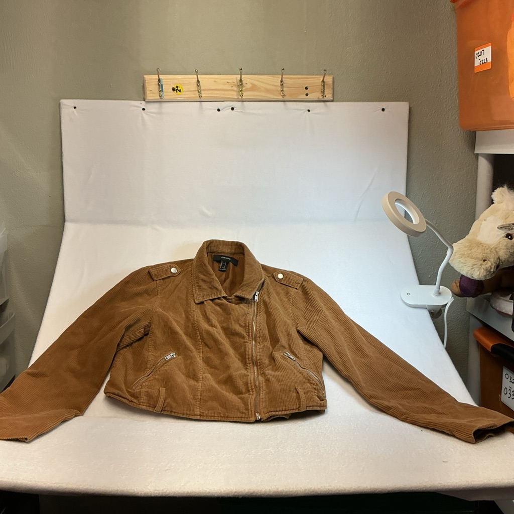 Forever 21 Women’s Corduroy Jacket Size L Brown Zipper Front Casual Fall0492